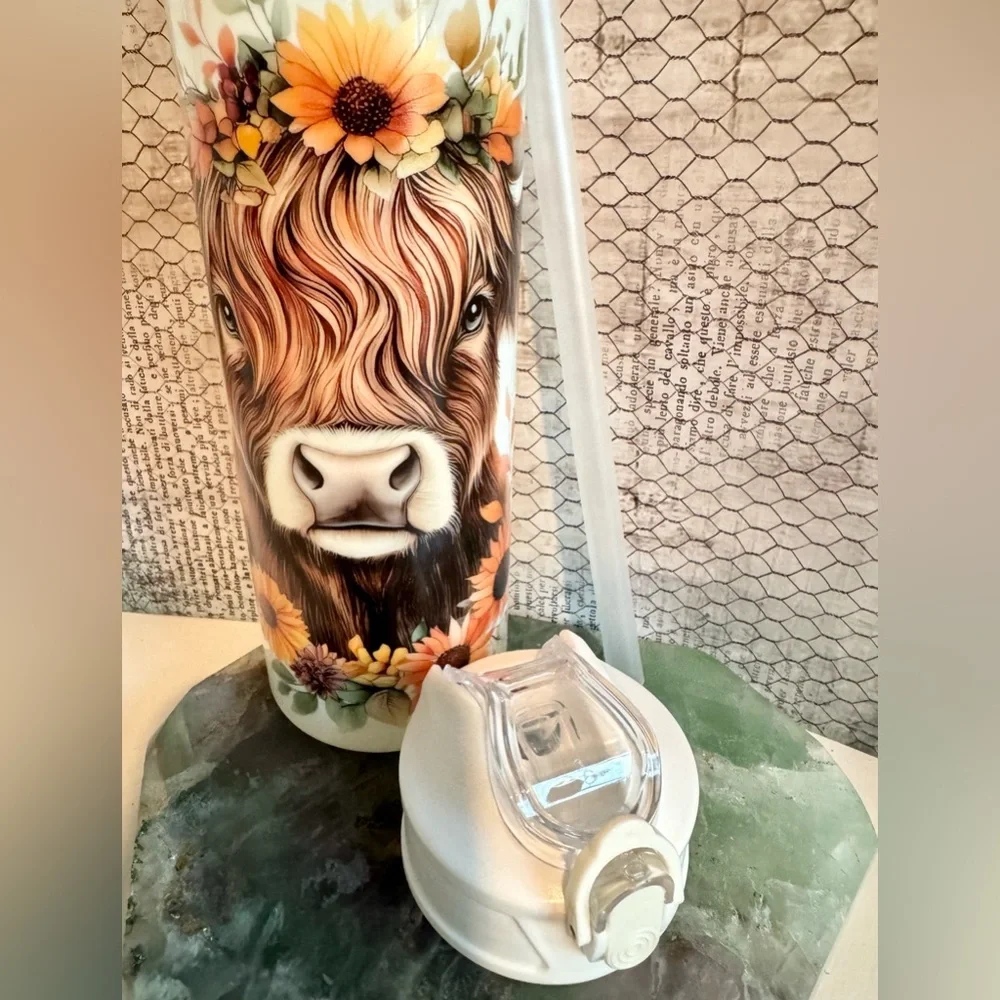 New Highland Cow Sunflowers Acrylic Travel Cup Tumbler Water Bottle 20oz